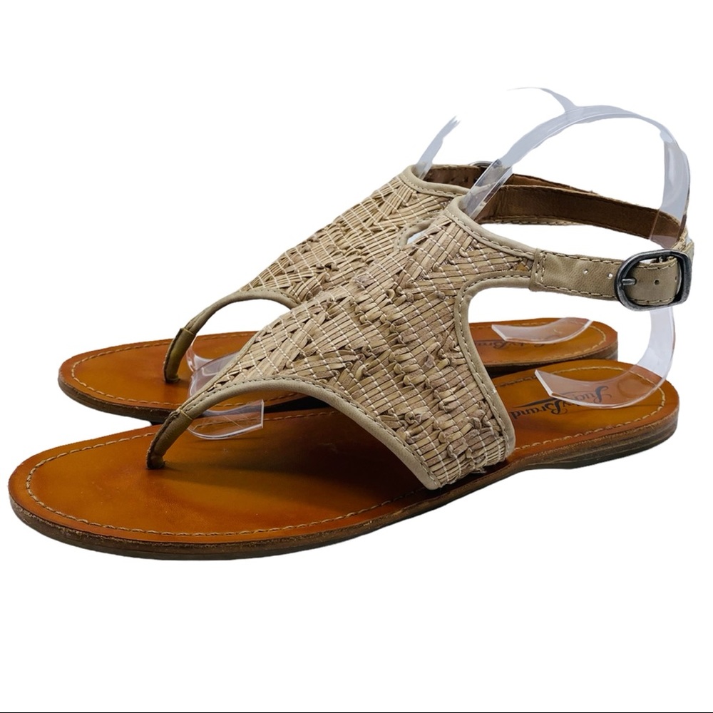 Lucky Brand Womens Sandals Sz 9 Tan Beige Woven Flat Thong Strappy Buckle Casual